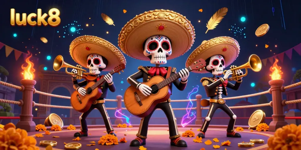 Experience the excitement of luck8 with a vibrant Dia de los Muertos mariachi band amidst casino elements.
