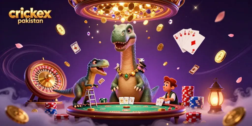 Experience the excitement of crickex pakistan with a vibrant 3D illustration of dynamic characters and casino elements.