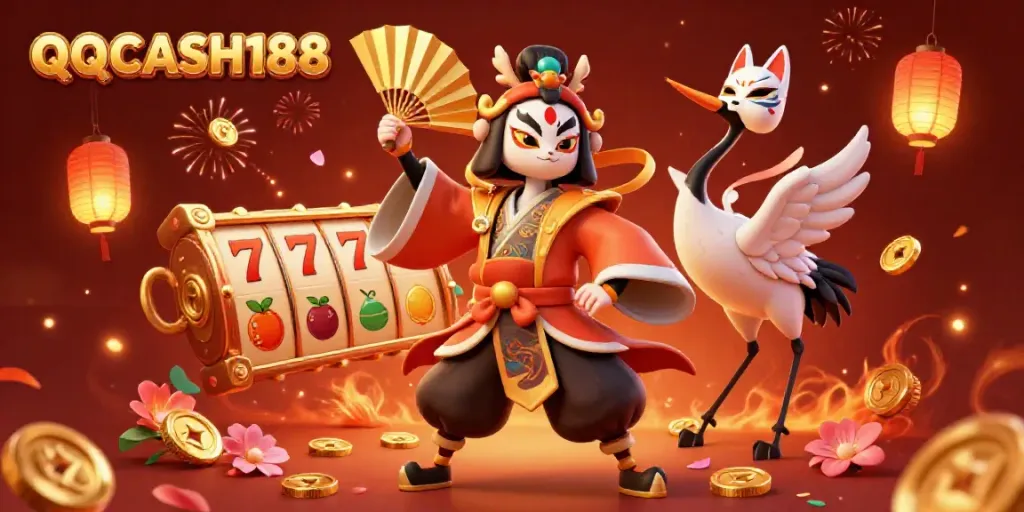 Experience thrilling slots action with QQCASH188 featuring artistic kabuki characters and vibrant game elements.