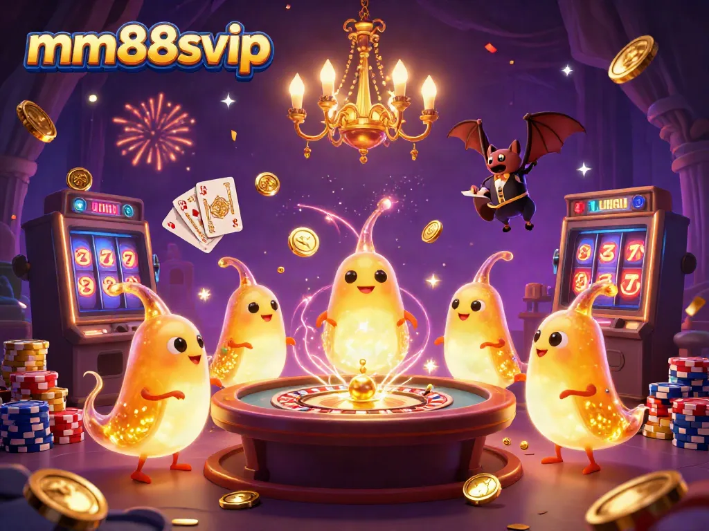 Experience the excitement of mm88svip with a lively 3D illustration of glowworms and a bat dealer in a vibrant casino scene.