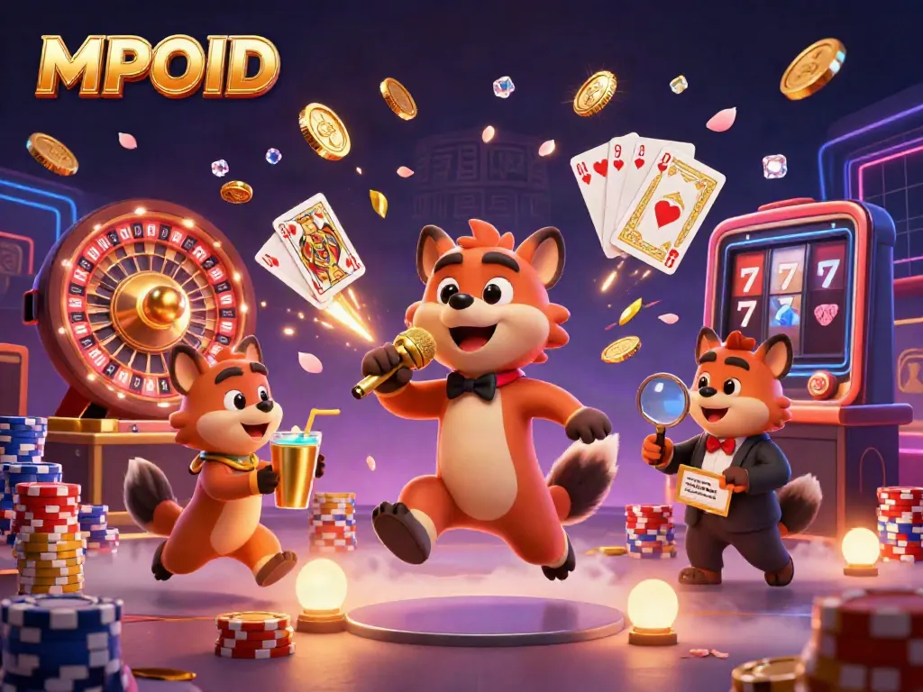 MPOID enhances the casino experience with vibrant hyena characters in a lively setting mixing drinks, telling jokes, and checking IDs.