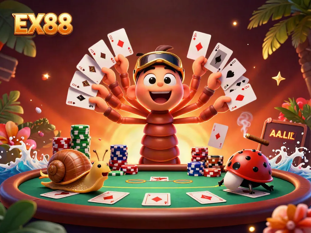 Experience thrilling poker action with EX88's vibrant casino scene featuring a unique dealer and exciting gameplay.
