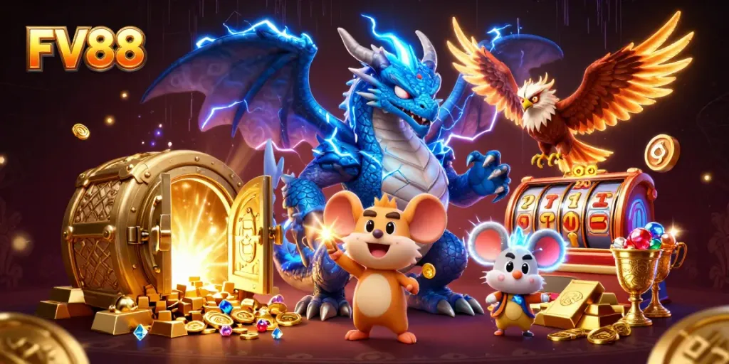 Experience thrilling slots and jackpots at FV88 with exciting 3D characters and treasure visuals.