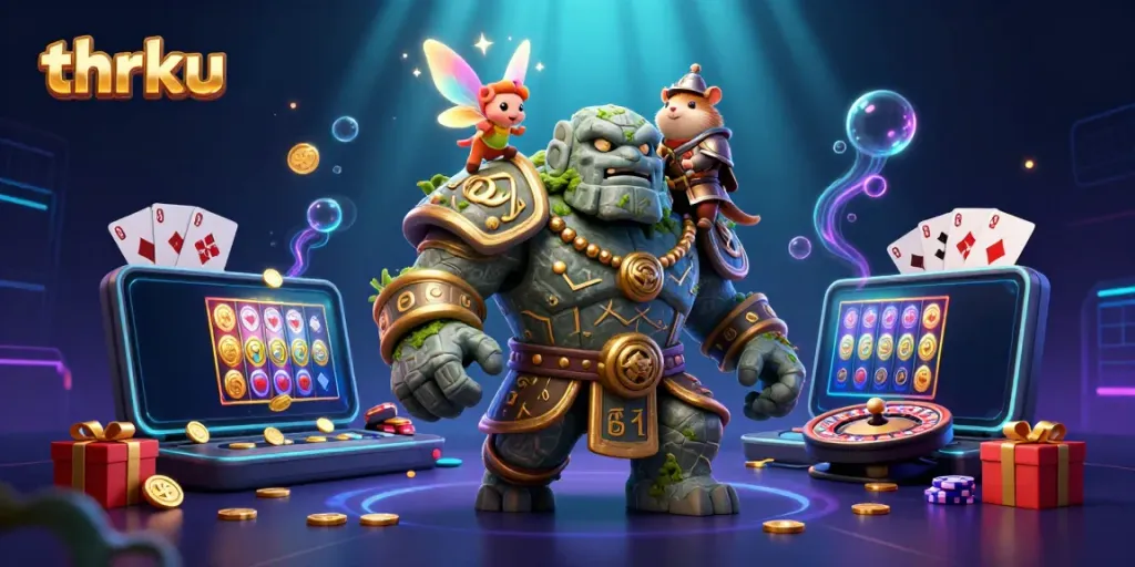 Experience the thrilling world of thr ku with a dynamic illustration of a stone golem, fairy, and hamster knight surrounded by casino elements.