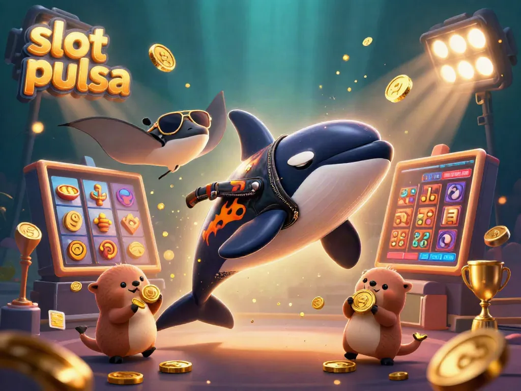 Ilustrasi 3D slot pulsa dengan ikan orca, ikan pari, dan keluarga berang-berang membawa koin emas.