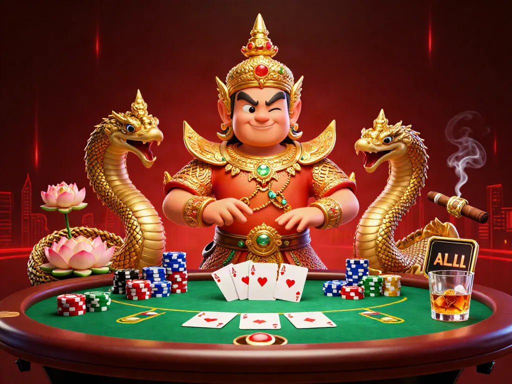 Experience exciting poker action with LGODEWA as Thai guardian and Naga serpents engage in vibrant gameplay.