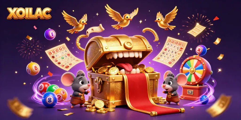 Experience the excitement of XOILAC with a dazzling golden treasure chest mimicking a casino environment, enticing adventurers amidst vibrant lottery elements.