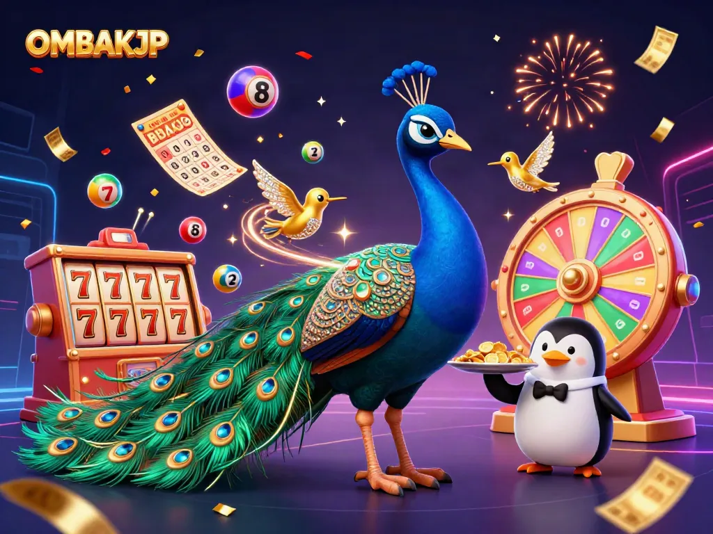 Engage with OMBAKJP as a majestic peacock, butler penguin, and golden hummingbird celebrate casino wins amidst lottery balls and confetti.