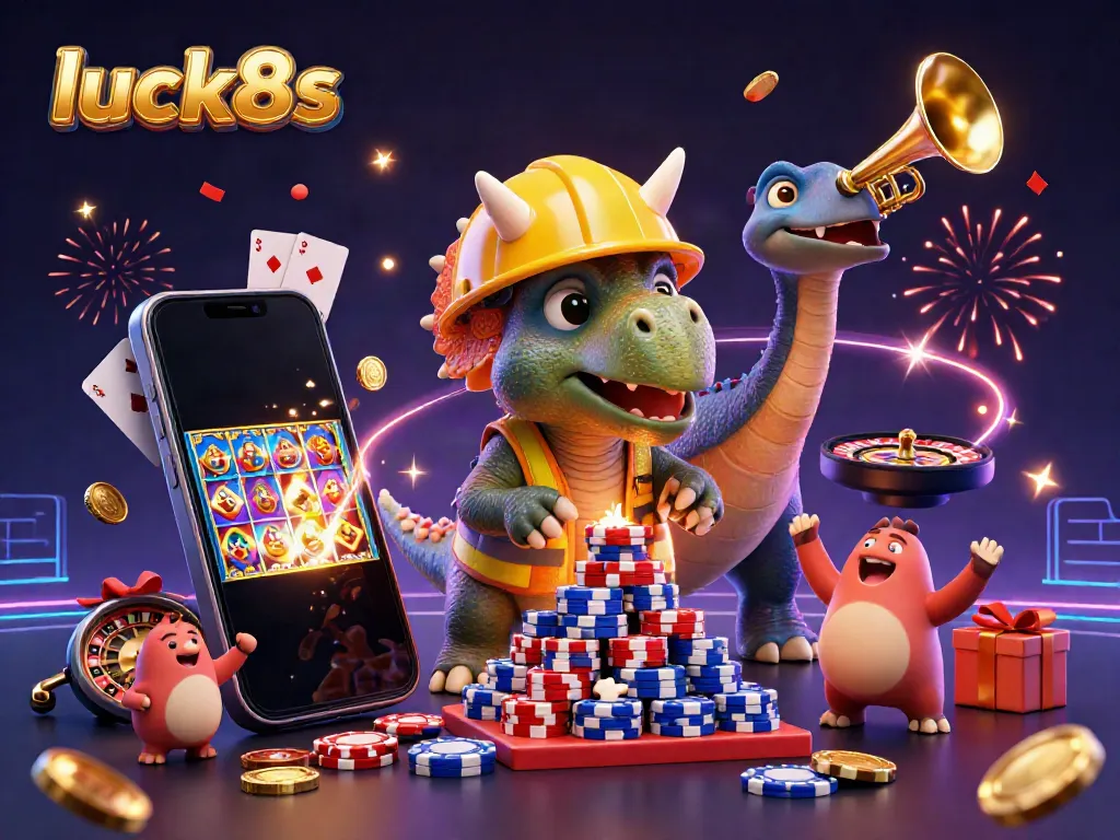 Engage with luck8s as cartoon characters celebrate winning at an online casino amidst vibrant gaming elements.