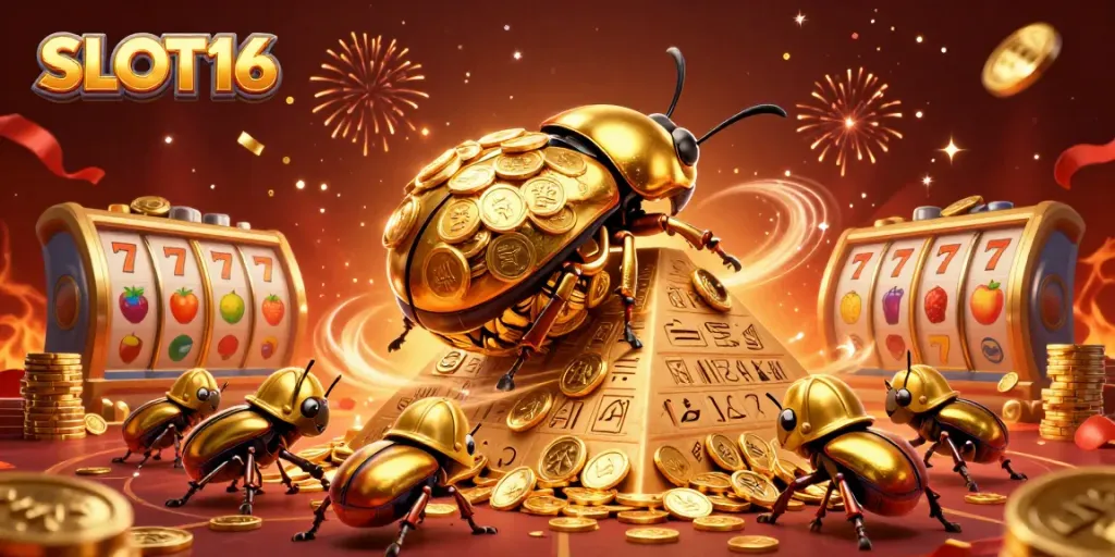 SLOT16 showcases vibrant 3D beetles rolling golden coins amid lively casino elements.