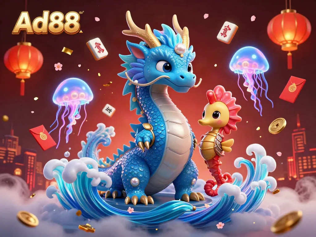 Experience the vibrant world of Ad88 with a majestic water dragon, seahorse knight, and jellyfish amid dazzling casino elements.