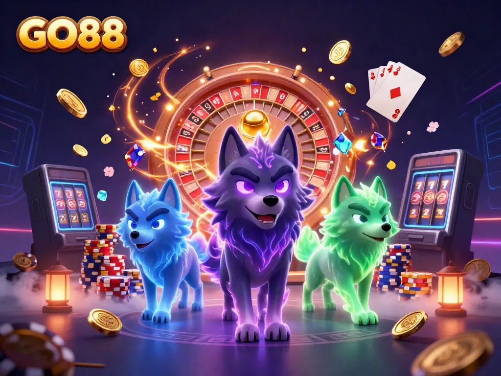 Experience the excitement of GO88 with a vibrant scene featuring a glowing wolf and flying game symbols.