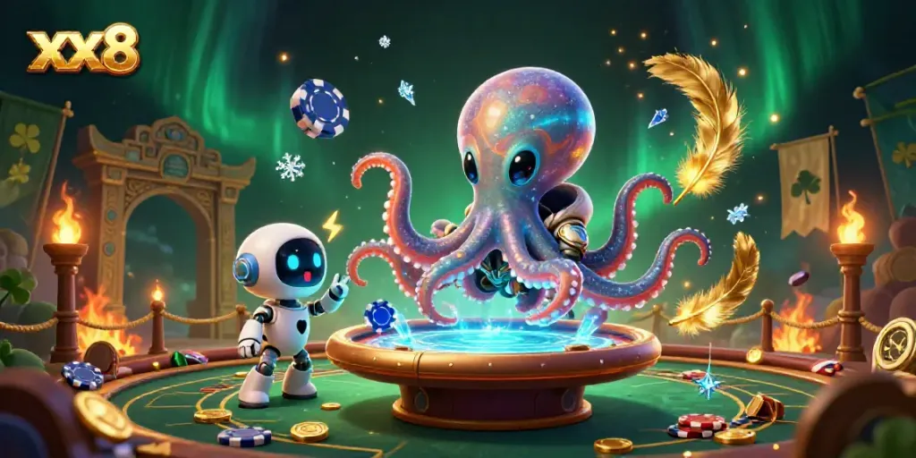 Engaging xx8 alien octopus managing a holographic poker table with vibrant casino elements.