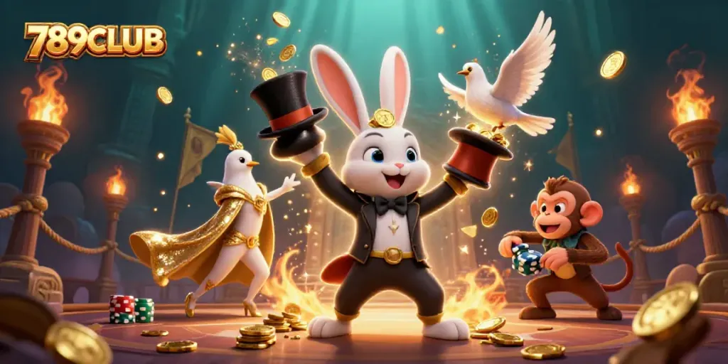 Watch the magician rabbit at 789CLUB conjuring golden coins amidst a vibrant casino scene.