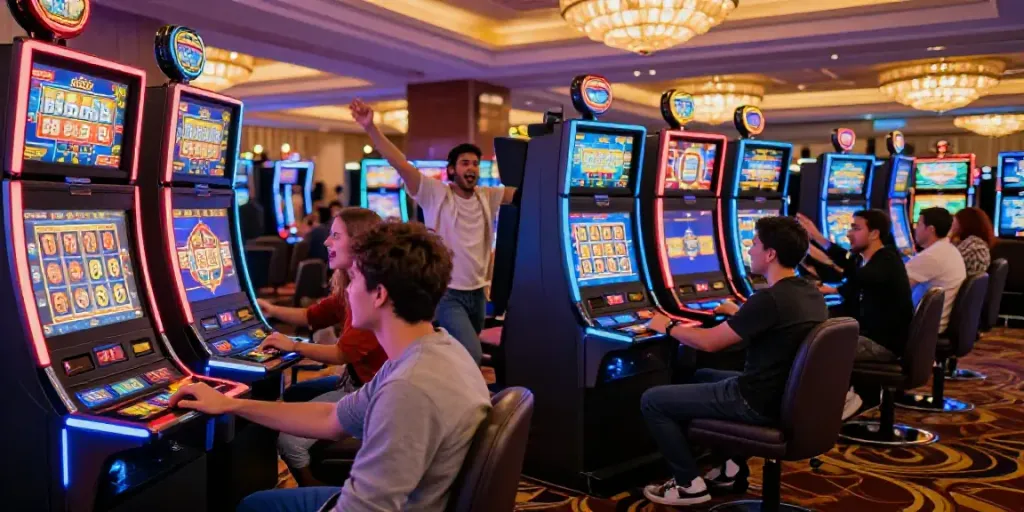 Excited players interacting with psgslot machines in a vibrant casino.