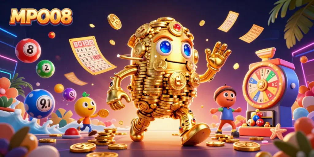 Spin the slots with MPO08's vibrant casino, featuring a golden golem, lottery balls, and prizes.
