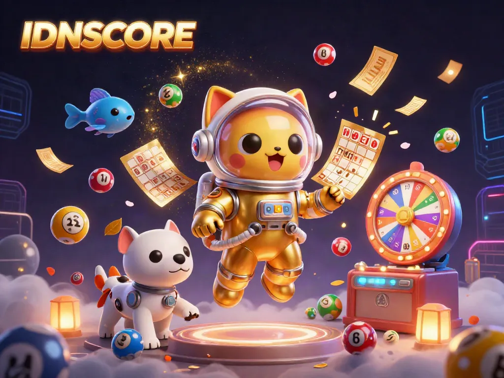 IDNSCORE’s vibrant 3D illustration captures thrilling lottery action with space cat and robot companions.