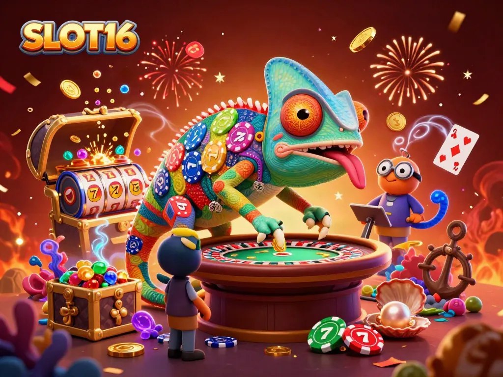 Experience thrilling gameplay with SLOT16, featuring dynamic chameleon owner collecting winnings in a vibrant casino.