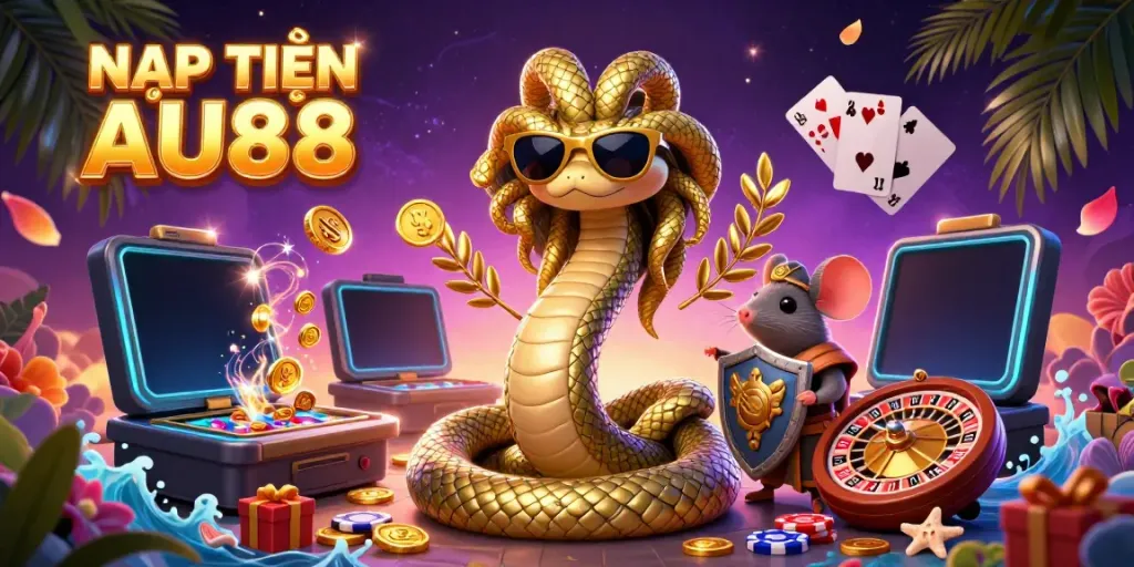 NẠP TIỀN AU88 showcases Medusa and a warrior mouse amid vibrant slot game elements in a casino-themed illustration.