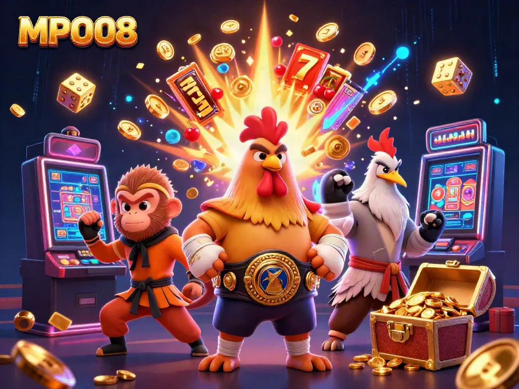 Engage with MPO08's thrilling casino action featuring vibrant characters and slot machine excitement.